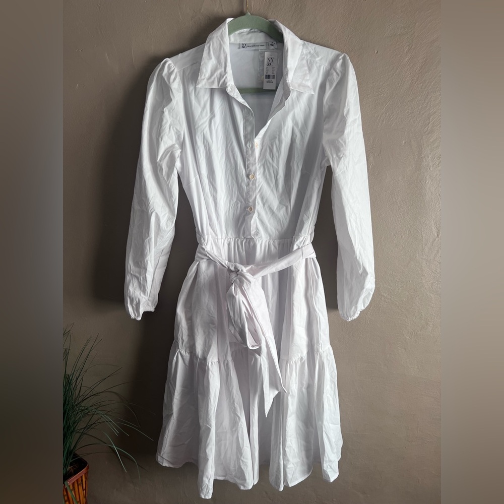 New York & Company White Long-Sleeve Tie-Waist Midi Dress